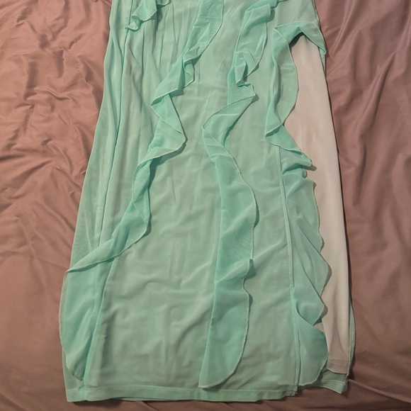 Turquoise Ruffled Strapless Prom Dress - Picture 4 of 6